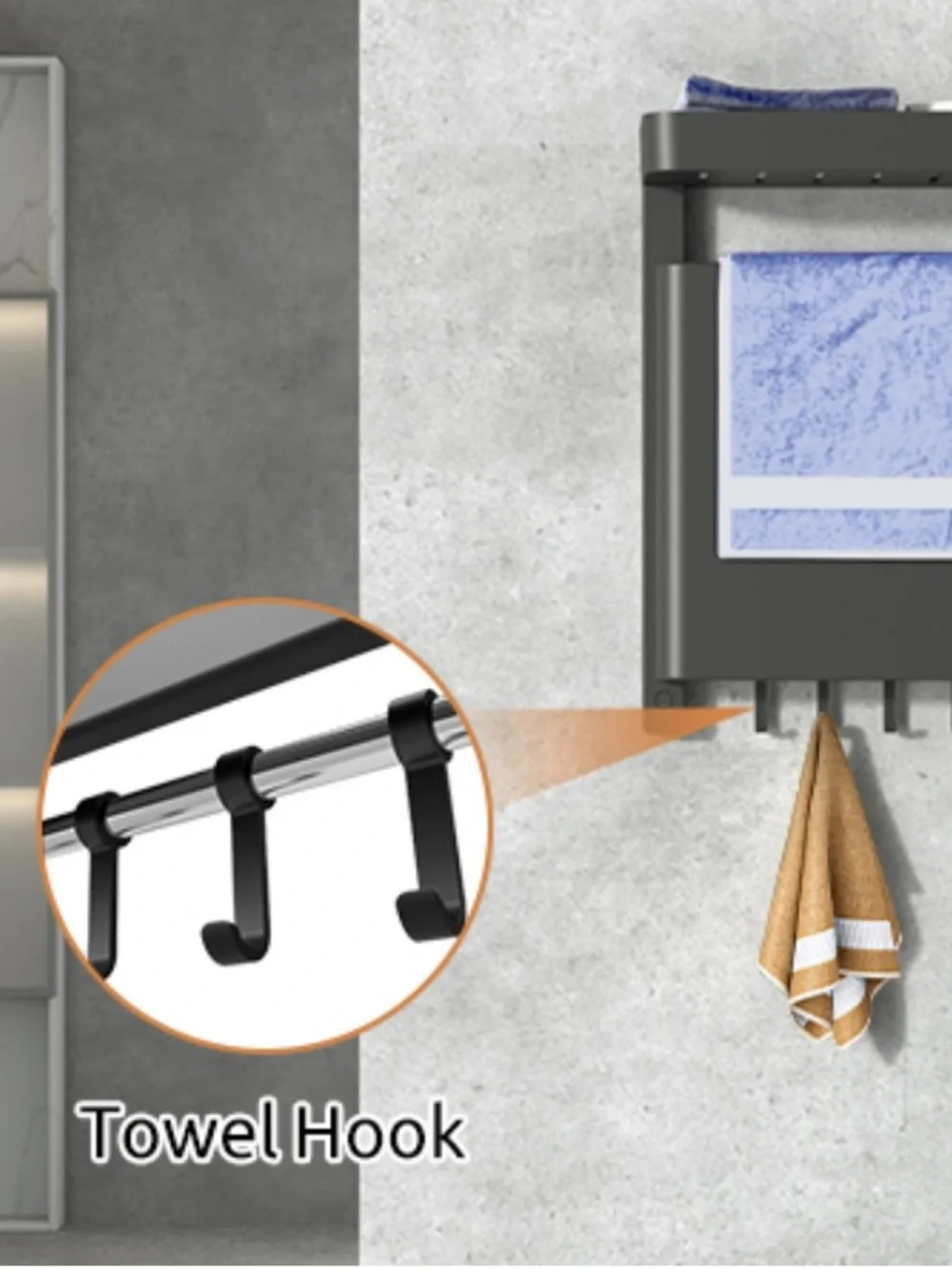 Wall Mounted Heated Towel Rack Warmer with Shelf & Hooks - Black
